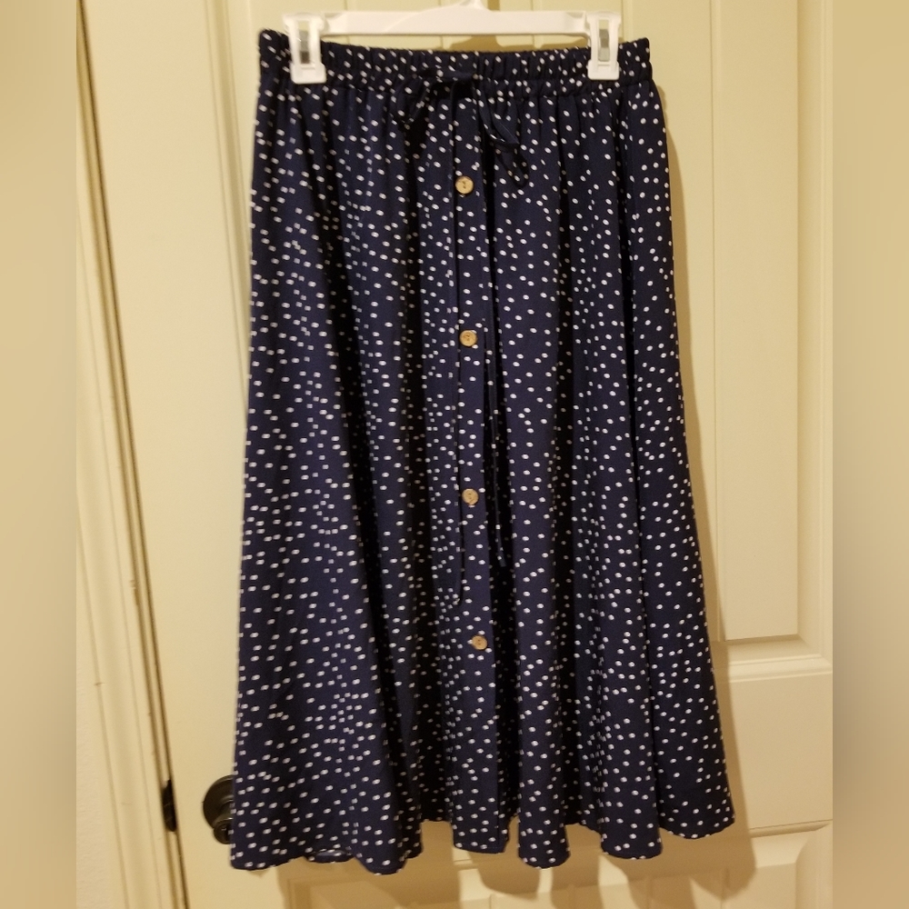Navy Polka Dot Midi Skirt
